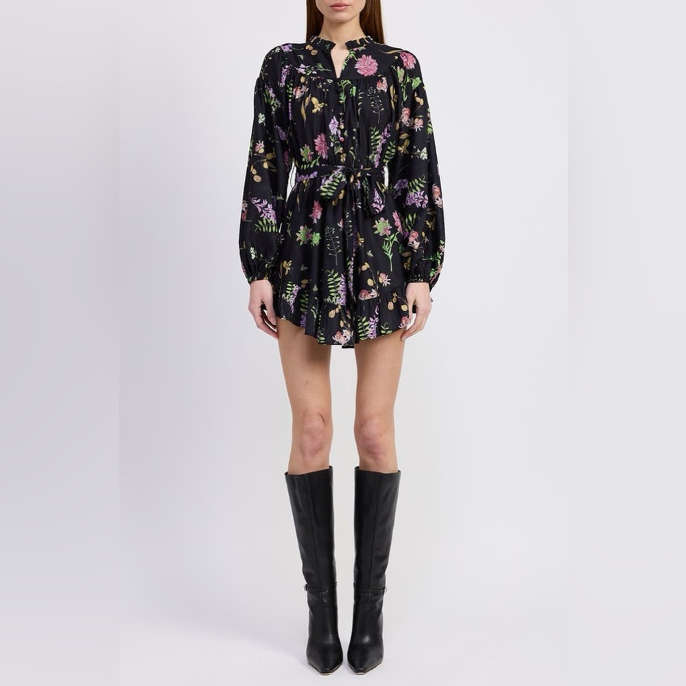 En Saison Metallic Floral Balloon Sleeve Mini Dress‎ Size M Black Pink